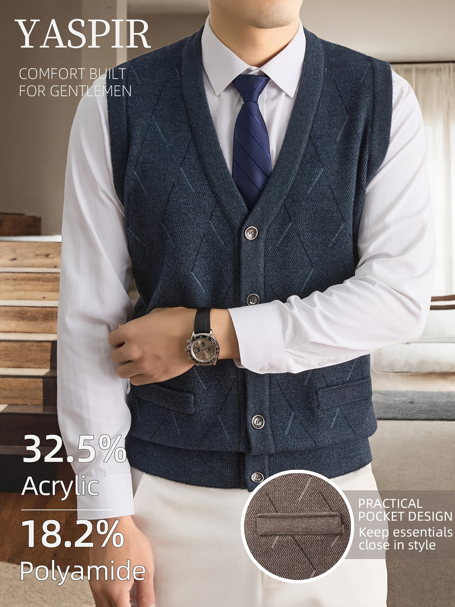 Men's Fall Winter Knit Vest with Elegant Open Front Design and Dual Pockets. Classic Old Money Style with Warmth and Comfort, Perfect for Business Casual, Daily Wear, Outdoor Activities, and Travel. A Stylish Gift Choice for Dad or Husband. - Colorful Blue