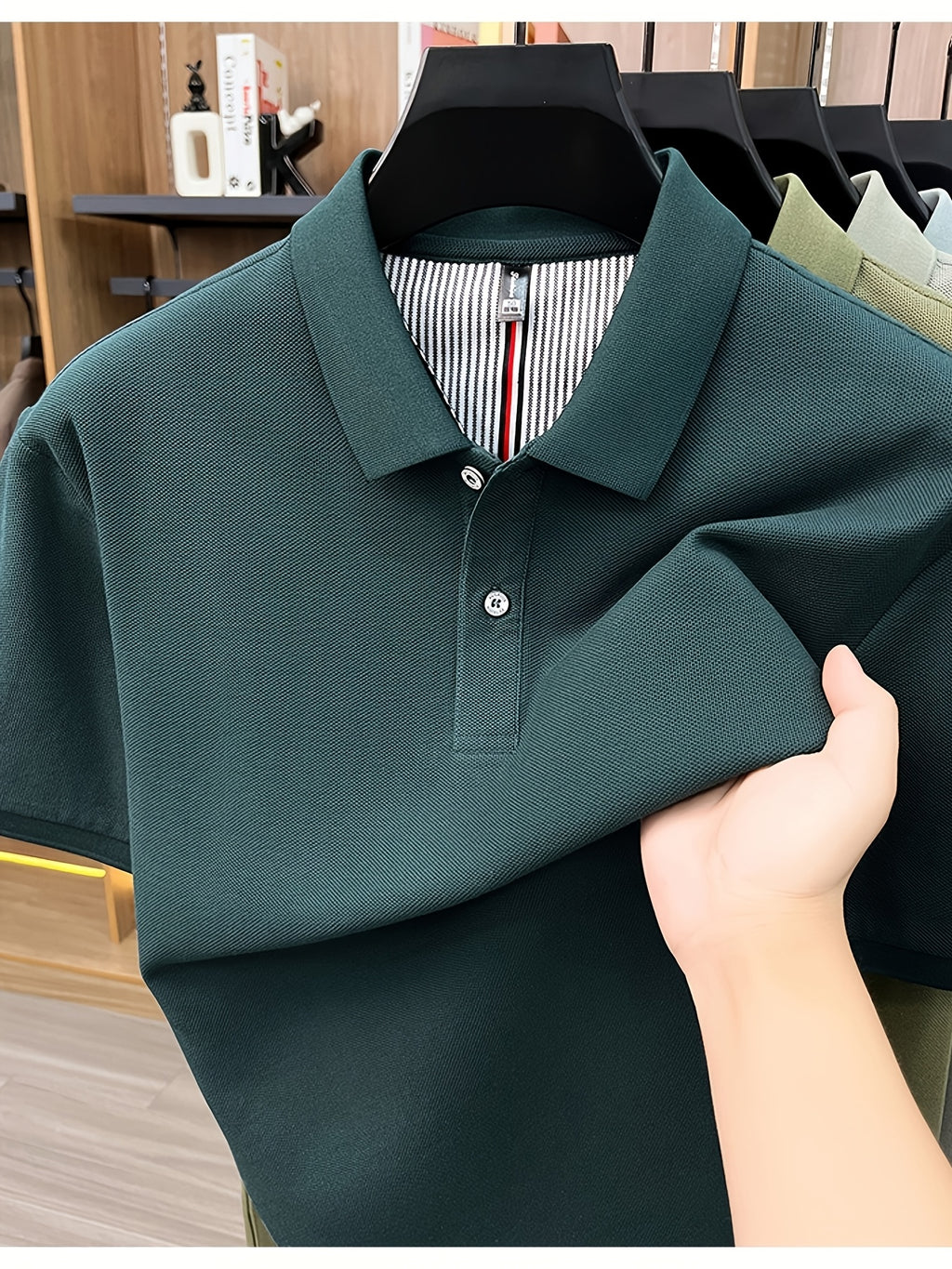Men's Multi-Color Summer Pearl-Spun Mesh Long-Sleeve Polo Shirt with Contrast Lining and Lapel, Solid Color Simple Design, Skin-Friendly and Breathable, for Business Commuting, Daily Outings, Fishing Leisure, Mid-Life Men's Top - Dark Green