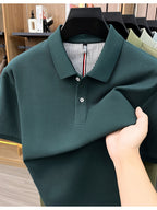 Men's Multi-Color Summer Pearl-Spun Mesh Long-Sleeve Polo Shirt with Contrast Lining and Lapel, Solid Color Simple Design, Skin-Friendly and Breathable, for Business Commuting, Daily Outings, Fishing Leisure, Mid-Life Men's Top - Dark Green