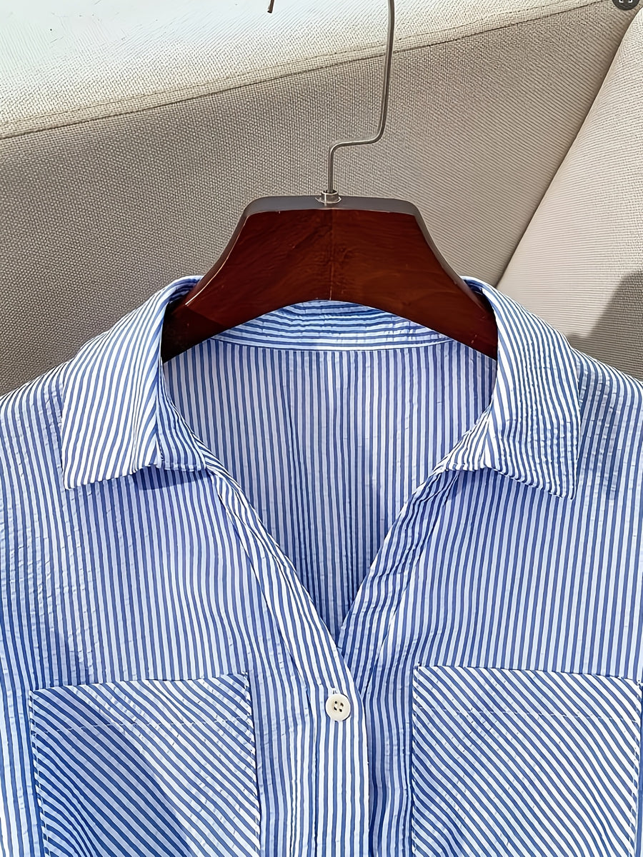 Women'S Fashion Commuter Casual Lapel A-Line Striped Dress, Suitable for Daily Office Wear - Blue