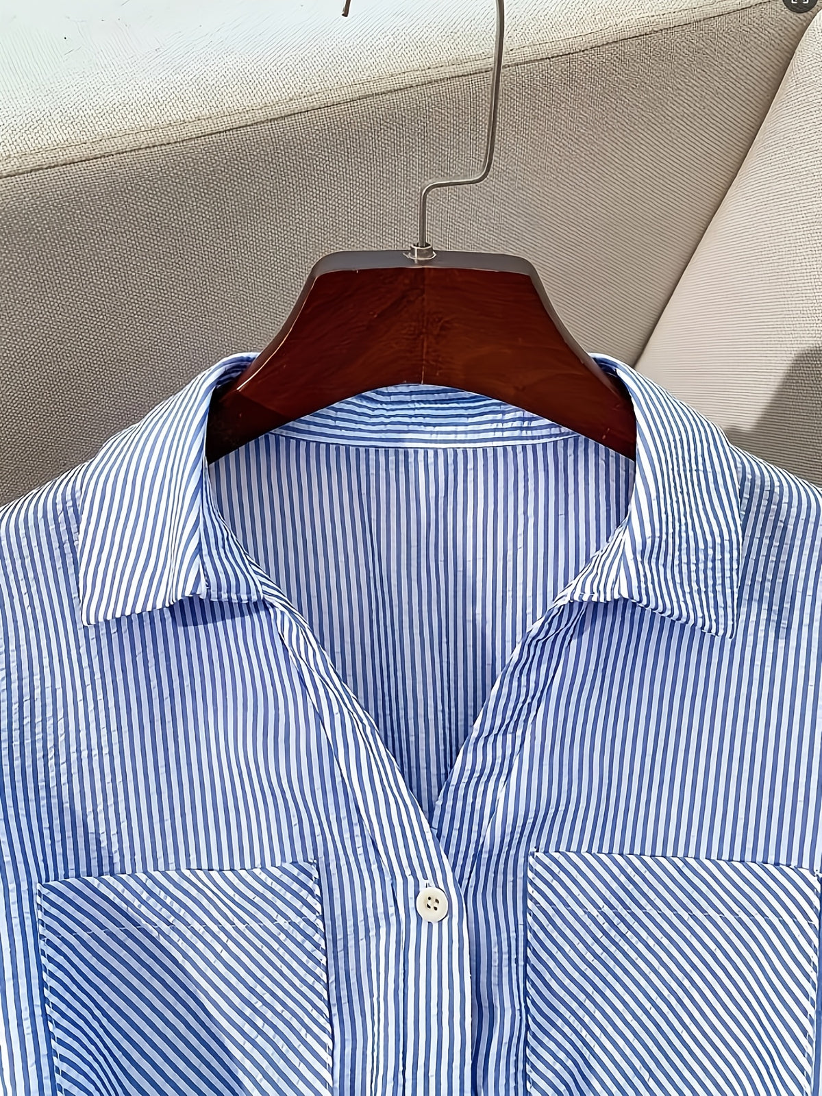 Women'S Fashion Commuter Casual Lapel A-Line Striped Dress, Suitable for Daily Office Wear - Blue