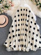 Women'S Elegant Pleated Long Skirt, Fashionable Versatile Polka Dot Half Skirt - Apricot