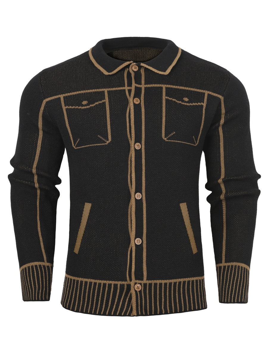 Men'S Casual Knit Cardigan, Fall Winter New Fashion Line Design Cardigan Sweater - Black