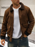 American Retro Motorcycle Jacket, Men's Velvet Lined Pilot Jacket, Warm Collar Full Zipper Jacket, Thick Velvet Jacket, Casual Street Workwear Top, Suitable for Daily Wear in Cold Autumn and Winter - Coffee Color
