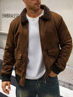 American Retro Motorcycle Jacket, Men's Velvet Lined Pilot Jacket, Warm Collar Full Zipper Jacket, Thick Velvet Jacket, Casual Street Workwear Top, Suitable for Daily Wear in Cold Autumn and Winter - Coffee Color