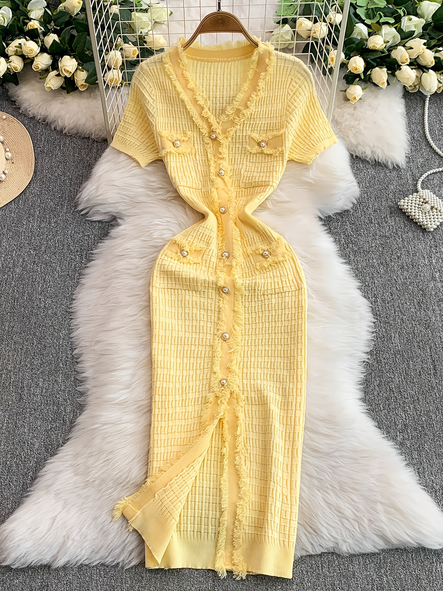 V-neck Metallic Single-button Solid Color Fashionable Fringe Trim Body-hugging Slit Mermaid Dress LL256 - Yellow