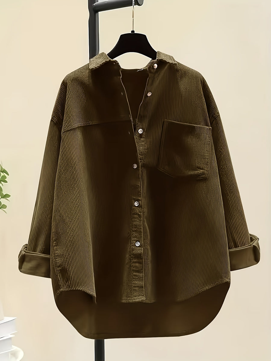 Plus Size, Women's Plus Size Corduroy Button-Front Shirt Jacket - Elegant Loose Fit Blouse, Spring Summer Fall Casual Outerwear, Machine Washable Layering Piece for to Weekend (No Bulk) - 【Brown】