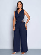 Women's Casual and Elegant Sleeveless Jumpsuit, Business Casual Wear, Simple Style Office Attire for Women - Navy Color