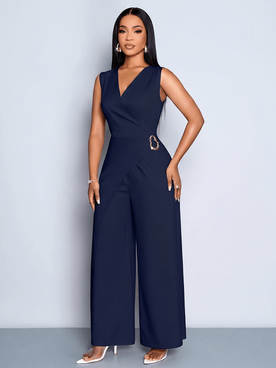 Women's Casual and Elegant Sleeveless Jumpsuit, Business Casual Wear, Simple Style Office Attire for Women - Navy Color