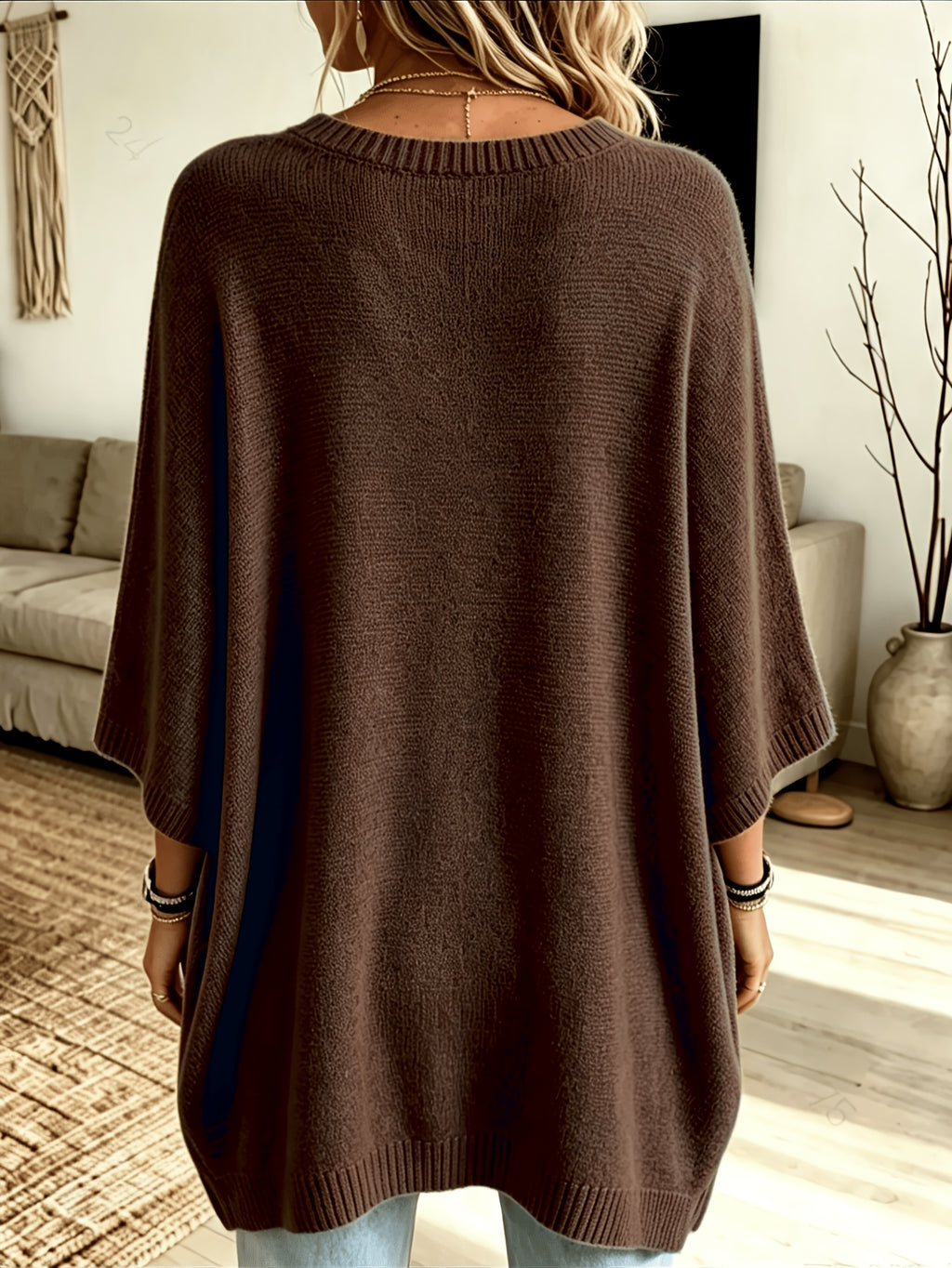 Plus Size, Women's Spring/Autumn Elegant Casual Cute Sexy Middle Eastern Style Spring/Autumn/Winter Solid Color Round Neck Batwing Sleeve Split Hem Irregular Loose Soft Warm Shawl Cape Pullover Sweater Top - Coffee Color