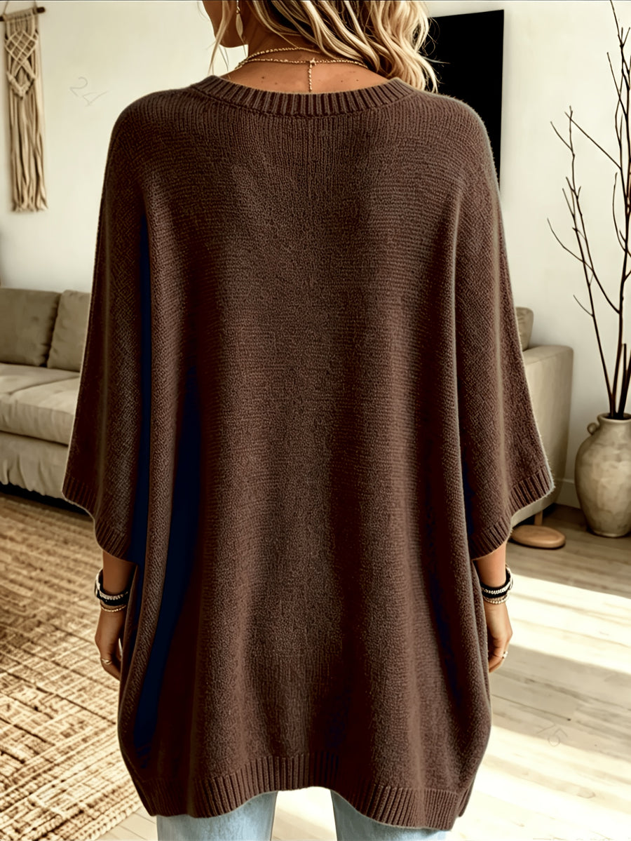 Plus Size, Women's Spring/Autumn Elegant Casual Cute Sexy Middle Eastern Style Spring/Autumn/Winter Solid Color Round Neck Batwing Sleeve Split Hem Irregular Loose Soft Warm Shawl Cape Pullover Sweater Top - Coffee Color