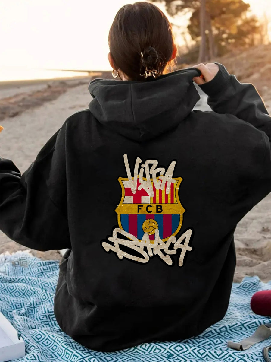 Hooded Sweatshirt with Front And Back Design, Featuring The Barcelona Football Club, FCB Printed Hoodie, Drawstring Casual Hooded Sweatshirt, Suitable for Winter And Autumn, Women'S Apparel. - Black