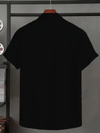 Men'S Solid Color Short Sleeve Shirt, Summer Lightweight Breathable Fabric, Classic Collar, Loose Fit, Textured Fabric, Suitable for Casual, Office & Weekend Wear, Short Sleeve Top, Non-Stretch Material, Durable Casualwear, Outdoor Casual - Black