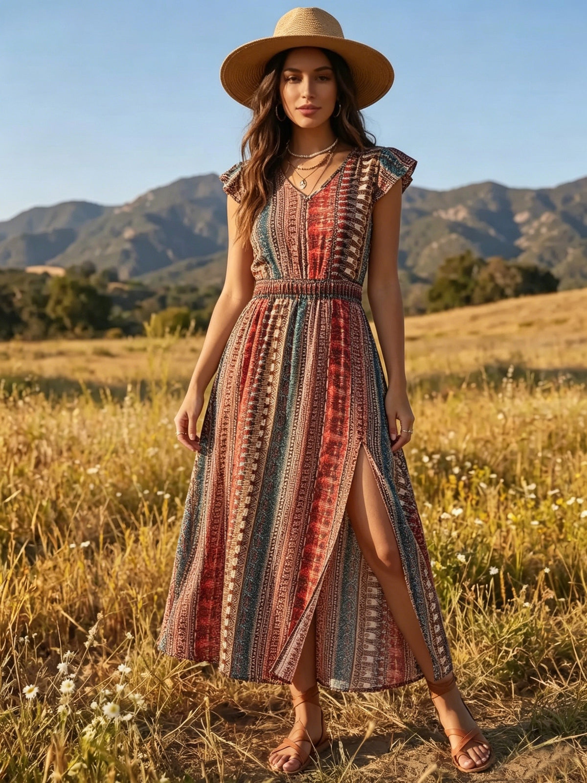 Women's Bohemian V-Neck Maxi Dress with Waist-Cinching & High Slit - Flared Beach Dress Suitable for Vacation, Wedding Guest, Resort Style, Machine Washable Non-Stretch Dress - Red