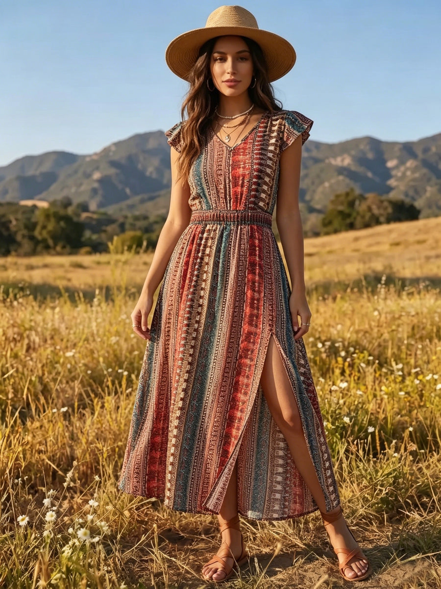 Women's Bohemian V-Neck Maxi Dress with Waist-Cinching & High Slit - Flared Beach Dress Suitable for Vacation, Wedding Guest, Resort Style, Machine Washable Non-Stretch Dress - Red