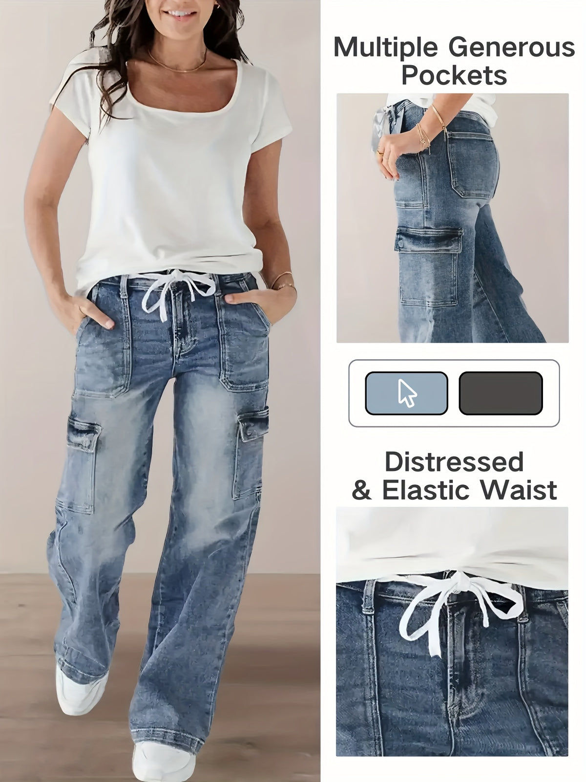 XS8124# New Women'S Jeans, Waist Drawstring, Women'S Spleen Bag Denim Pants - Medium Blue