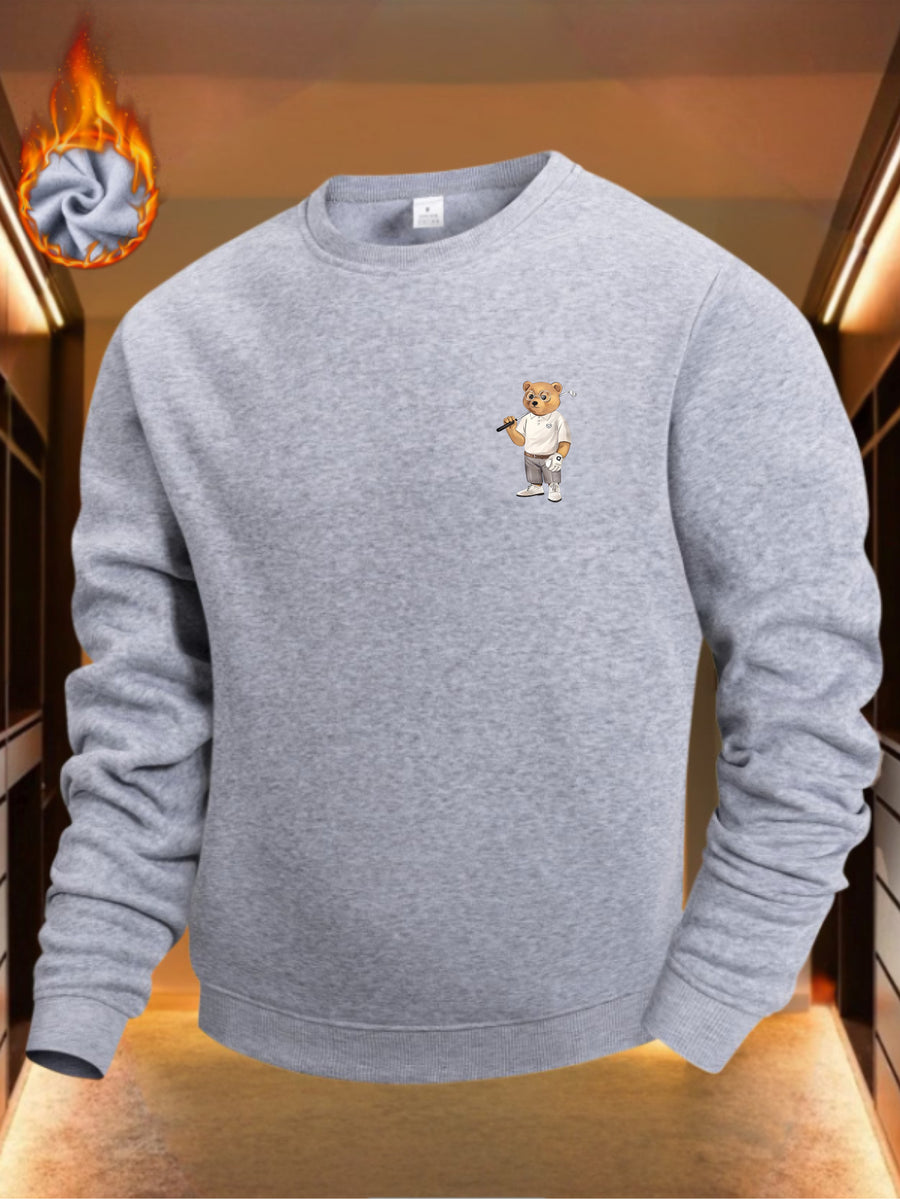 Casual Streetwear, Men Round Neck Sweatshirt, Cute Cartoon Bear Print On Chest, Soft Fleece Lined Fabric, Daily Wear Or Gift for Boyfriend, Birthday Present for Him - Light Grey