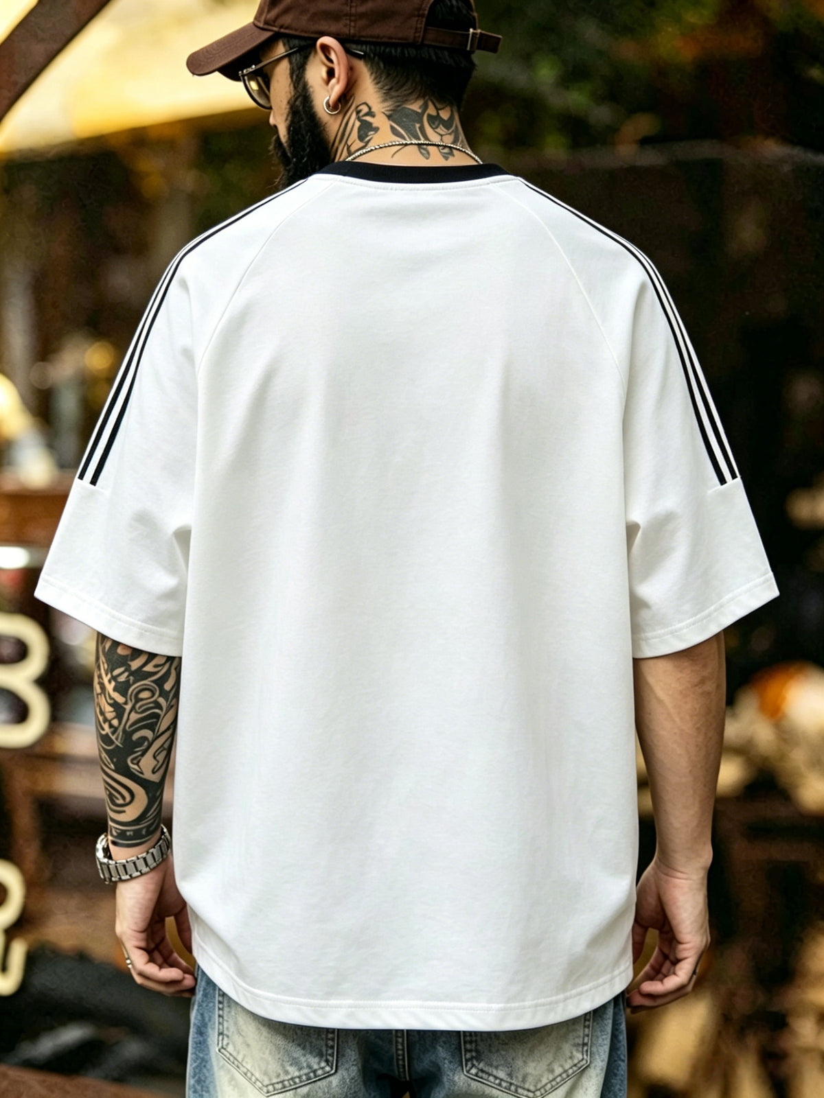 Summer Men'S Striped Street Style T-Shirt Casual Hip-Hop Round Neck Men'S Retro with Print Color-Block Collar Top Athletic Striped Short Sleeve - White