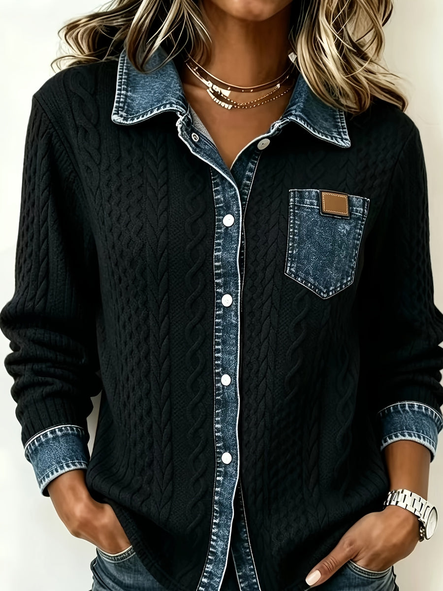 [Printed Pants - Not Faux Denim Fabric]Autumn Women'S Faux Denim Non- Patchwork Jacquard Sweatshirt Cardigan Long Sleeve Top - Black