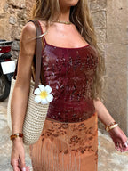 Summer New Wine Red Sequin Suspender Vest Retro Slim Fit Dating Casual - Burgundy