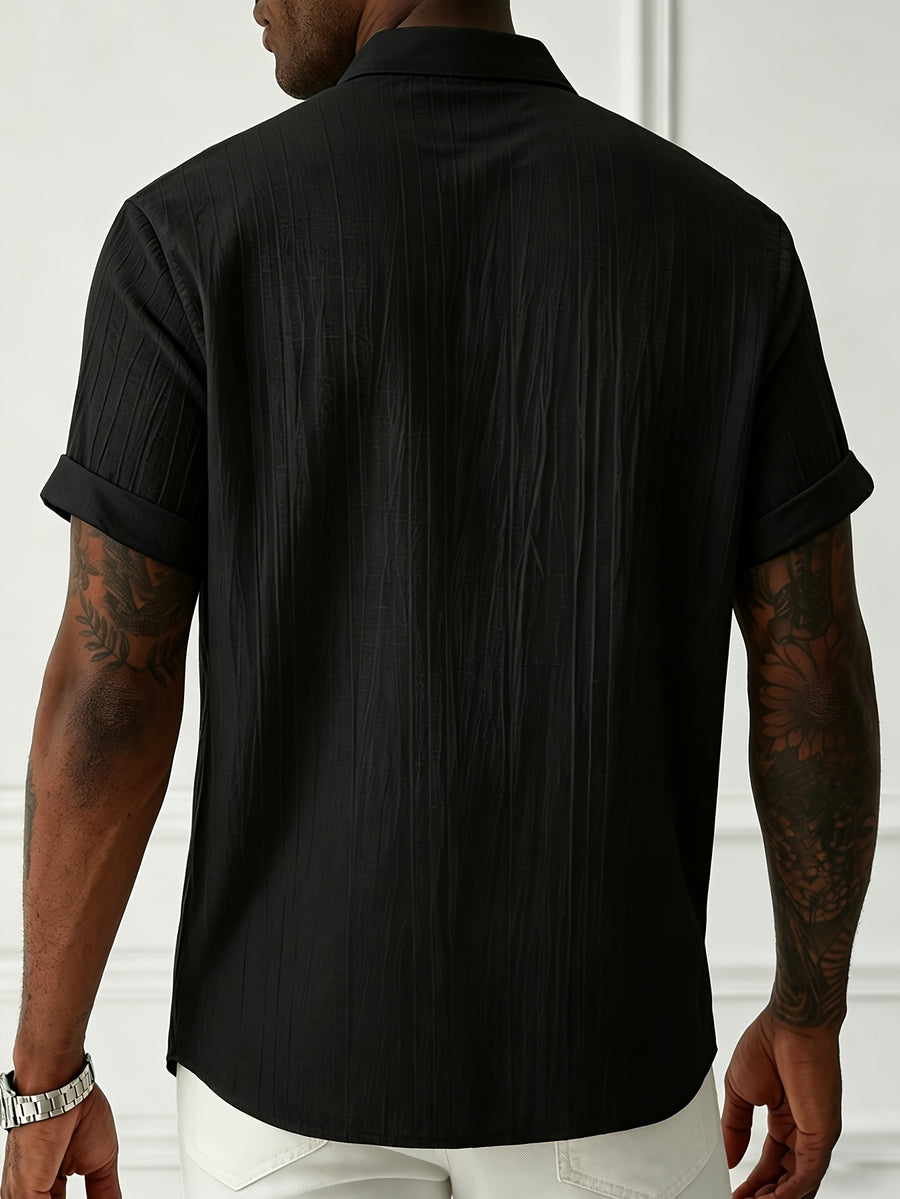 Men's Lightweight Breathable Zip-Up Stand Collar Shirt - Short-Sleeve Button-Up Beach Shirt with Zipper Front, Solid Color Suitable for Pool Parties, Casual Wear & Father's Day Gifts, Machine Washable Stand Collar Button Collar Blouse Style - Black