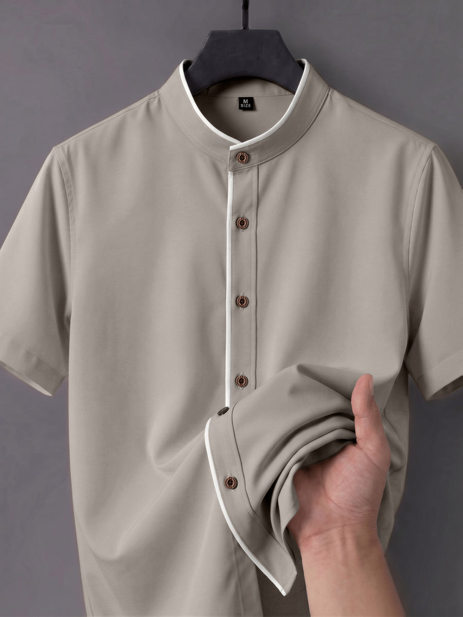 Men'S Short-Sleeved Shirt, Henley Collar/Stand-Up Collar Design, Placket Splicing Contrast Color Design - Khaki