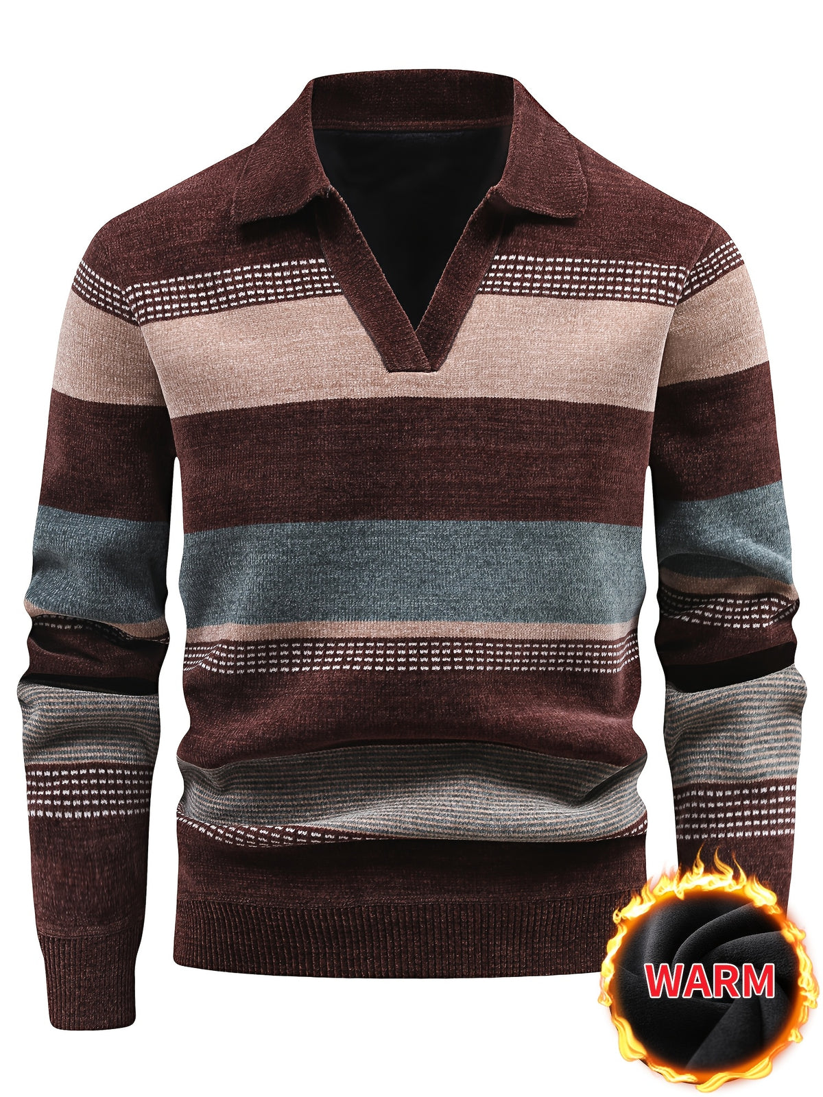 Men's Thickened Sweater with Polo Collar & Lapel - Warm Winter Pullover, Contrast Striped Suitable for Daily Commuting and Vacations, Hand Washable Suitable for Old Money Style, Seagull Collar, Beltless for - Wear - Coffee Color