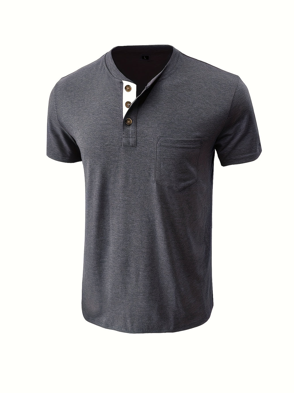 Men'S Summer Round Neck Short Sleeve T-Shirt Henley Shirt Pocket Top - Dark Gray