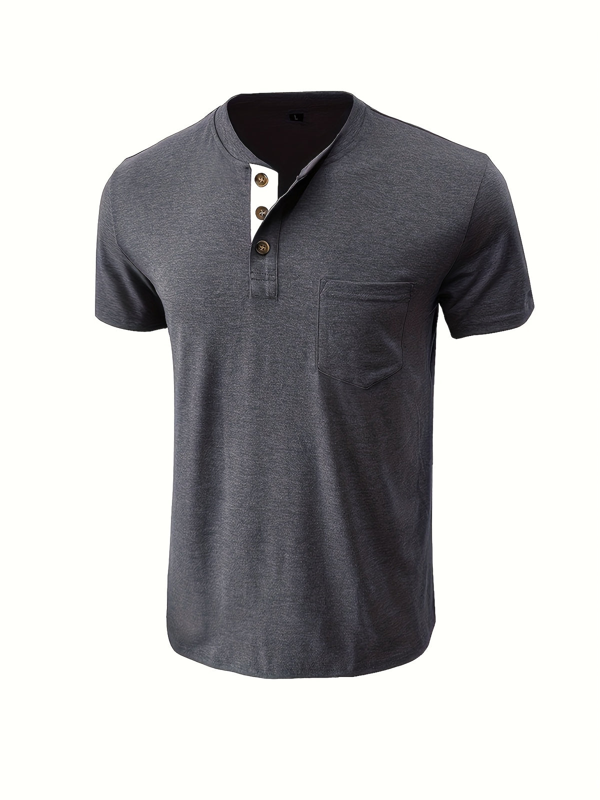 Men'S Summer Round Neck Short Sleeve T-Shirt Henley Shirt Pocket Top - Dark Gray
