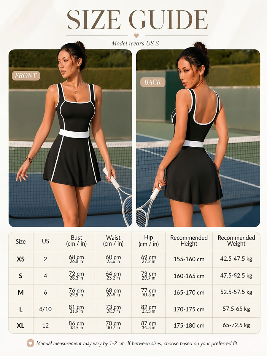 Women'S Short Sports Dress Anti-Glare - Shoulder Contrasting One-Piece Tennis Skirt with Slim Lining Shorts - Suitable for Running, Fitness, And Daily Casual Wear - Black