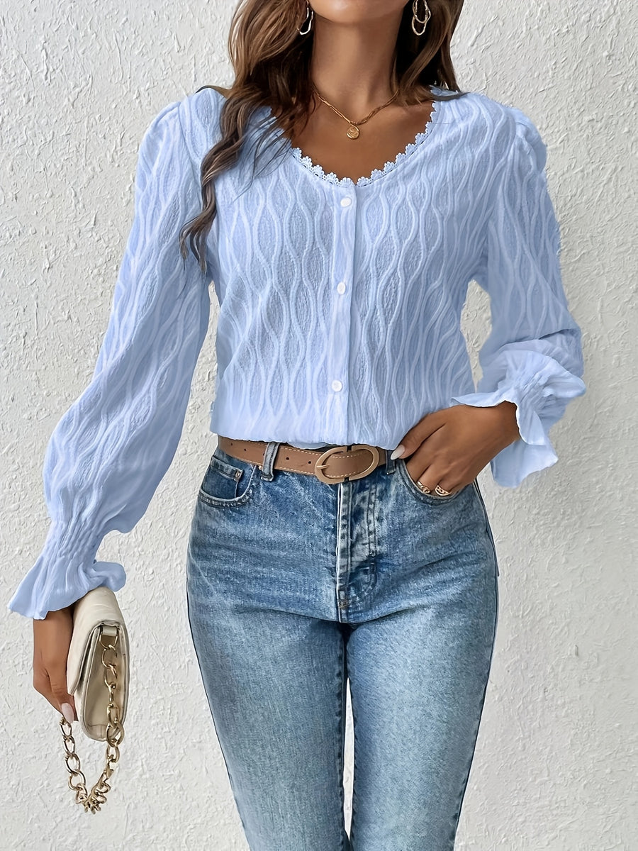 Elegant V-Neck Guipure Lace Trim Flounce Sleeve Button Long Sleeves Front Blouse Going Out Tops - Blue