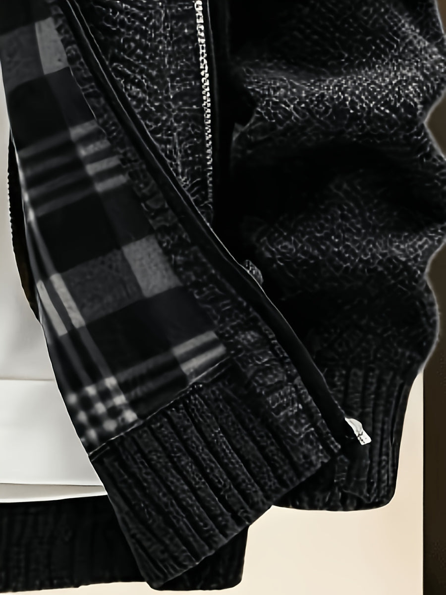 Men'S Stand Collar Zip-Up Knitted Cardigan for Fall Winter, Solid Color Long Sleeve Fleece Lined Casual Sweater Coat, Slim Fit And Versatile for Daily Wear - Black