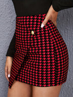 Women'S Fashion Print Button Short Skirt - Deep Red