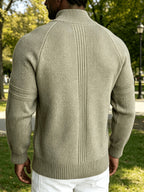 Men's Business Casual Quarter Zip Knit Pullover, Raglan Sleeve Textured Ribbed Trim Slim Fit Sweater for Fall Winter Daily Office & Weekend Outings - Green