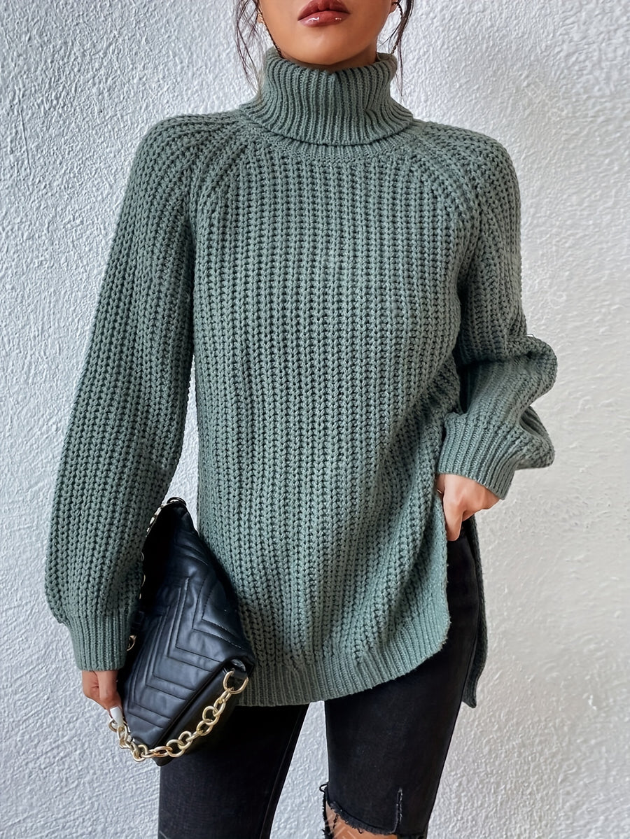 Women's New Arrival Elegant Casual Versatile Vacation Commute Office Sisters Outing Shopping Y2K Daily Wear Autumn Winter Solid Color High Neck Lapel Raglan Long Sleeve Top Spring Slit Hem Sweater Party Outfit Birthday Top Commute Wear Casual Wear - Green