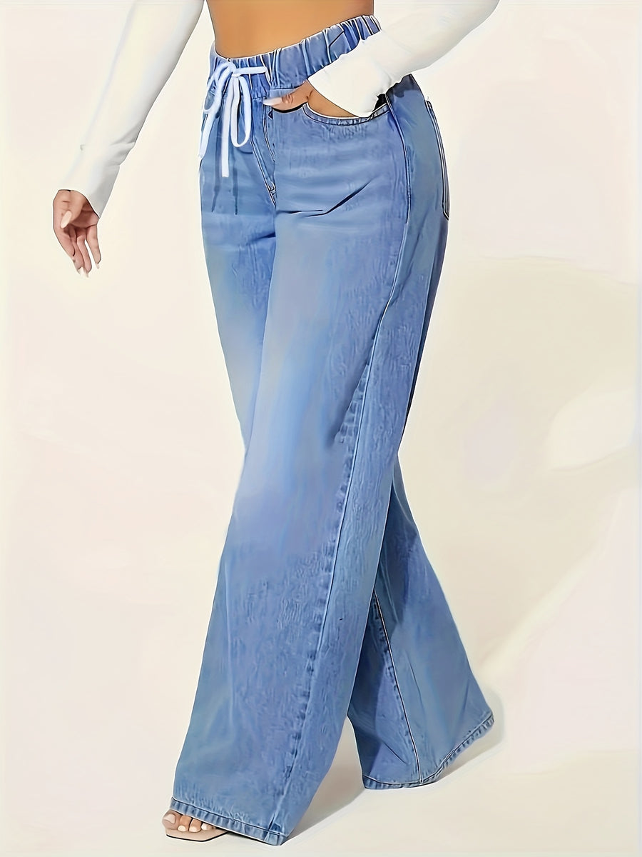 Women's Elasticated Loose Wide-leg Jeans - Light Blue