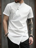 Men'S New Chinese Style Stand-Up Collar Short Sleeve Shirt, Slanted Collar Design with Oriental Elegance, Draping And Stiff Fabric, Delicate Texture And Skin-Friendly, Breathable And Non-Sweaty, Regular Hem with Design - White