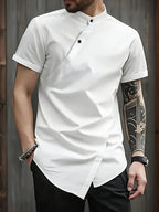 Men'S New Chinese Style Stand-Up Collar Short Sleeve Shirt, Slanted Collar Design with Oriental Elegance, Draping And Stiff Fabric, Delicate Texture And Skin-Friendly, Breathable And Non-Sweaty, Regular Hem with Design - White