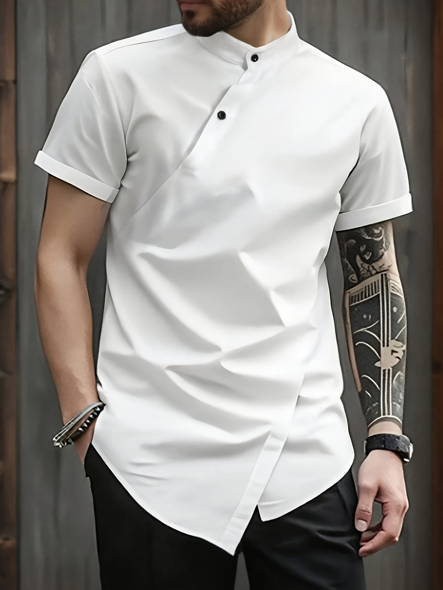 Men'S New Chinese Style Stand-Up Collar Short Sleeve Shirt, Slanted Collar Design with Oriental Elegance, Draping And Stiff Fabric, Delicate Texture And Skin-Friendly, Breathable And Non-Sweaty, Regular Hem with Design - White