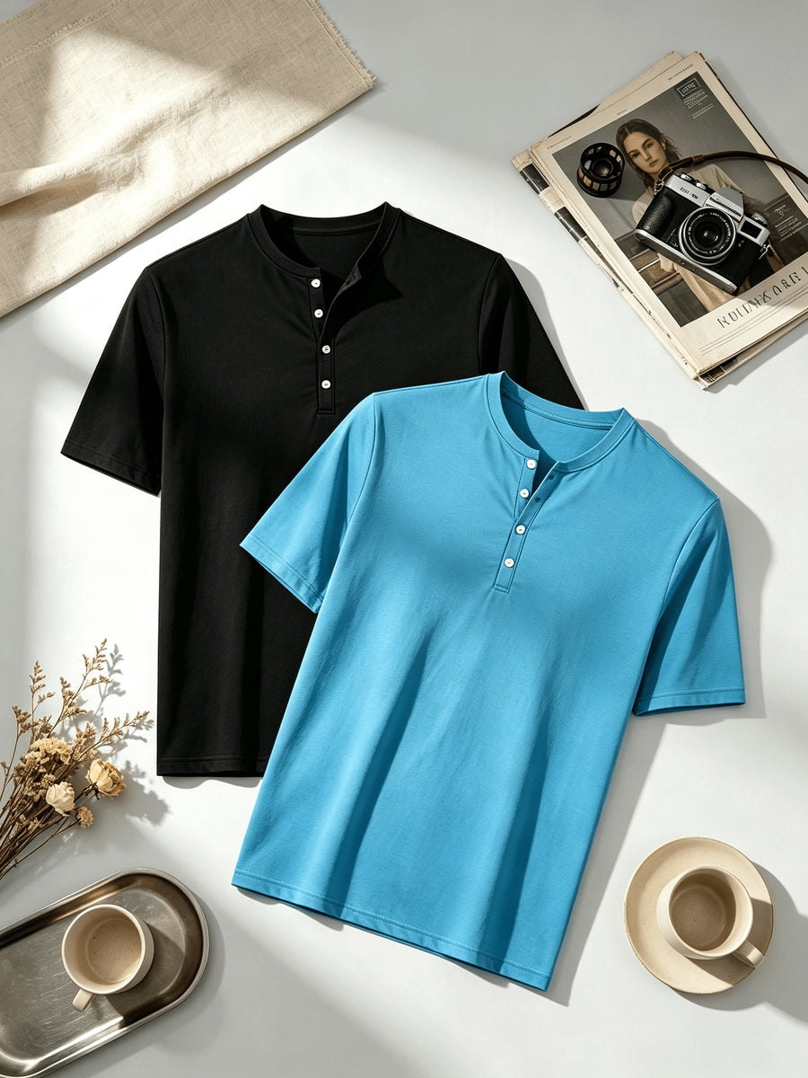 2pcs Summer Refreshing Men's Henley Shirt, Button-Front Placket Design, Skin-Friendly Fabric, Breathable and Non-Stuffy, Simple and Elegant, Multiple Colors Available, Versatile for Daily Commuting and Outings - Mixed Color 4