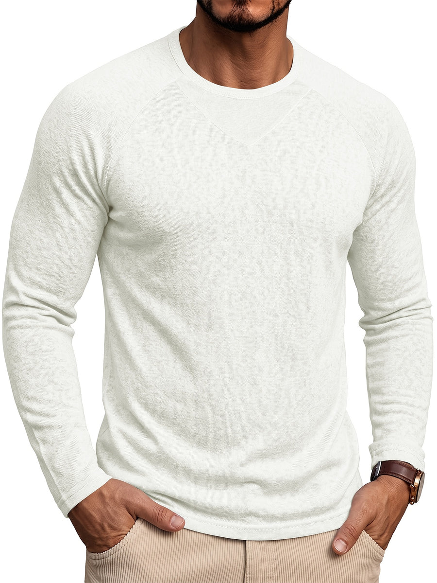 Cross-Border Men's Long-Sleeve Cotton-Linen Crew Neck T-Shirt, European and American Men's Autumn/Winter Pullover Base Layer Top - White
