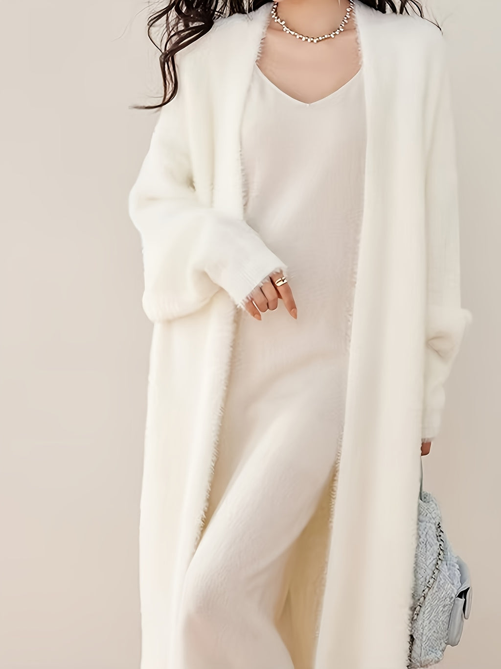 Spring 2025 Fashion Faux Mink Cardigan Sweater Coat, Mid-Length Loose Lazy Style Outerwear, Gentle And Elegant Long Over-The-Knee Cardigan Sweater - White