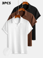 3pcs Men'S Notch Collar Short Sleeve Polo Shirt, Vertical Ribbed Texture Breathable Casual Tee, Loose Fit Solid Color Summer T-Shirt for Daily Office Travel Men'S Clothing, All Seasons, Teens, Fashion, Slim Fit, Long Sleeve, High Waist, Cropped, Work - White+Coffee+Black