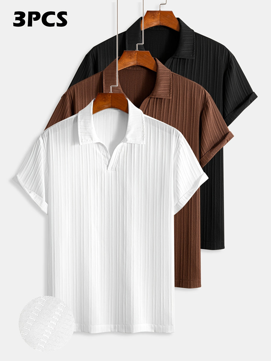 3pcs Men'S Notch Collar Short Sleeve Polo Shirt, Vertical Ribbed Texture Breathable Casual Tee, Loose Fit Solid Color Summer T-Shirt for Daily Office Travel Men'S Clothing, All Seasons, Teens, Fashion, Slim Fit, Long Sleeve, High Waist, Cropped, Work - White+Coffee+Black