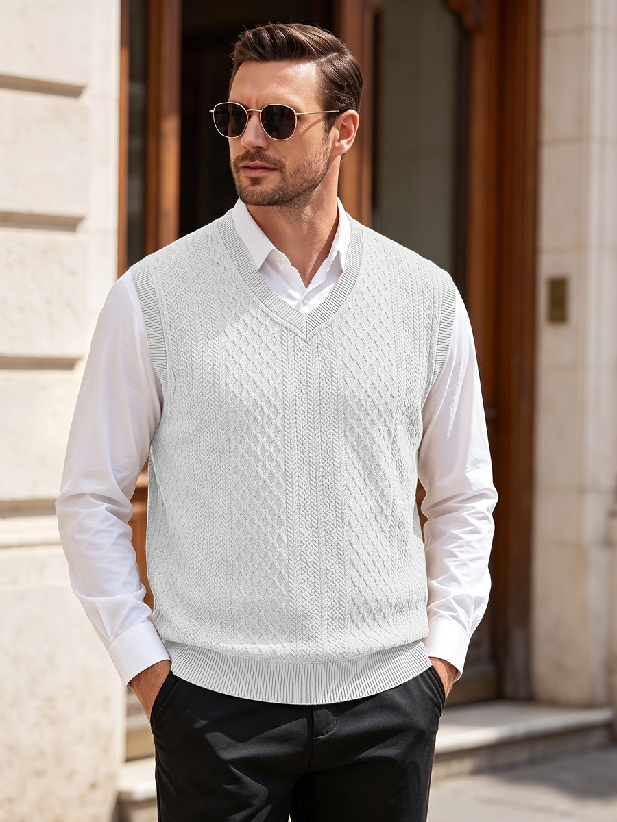 Xingfan OBM Men's Autumn/Winter Light Luxury New Ribbed V-Neck Cable Knit Vest, Rhombus Jacquard Sleeveless Sweater Cardigan, Business Gentleman's Layering Knit Top. Soft and Warm Knitted Fabric, Vintage Three-dimensional Cable Knit Rhombus Texture - White