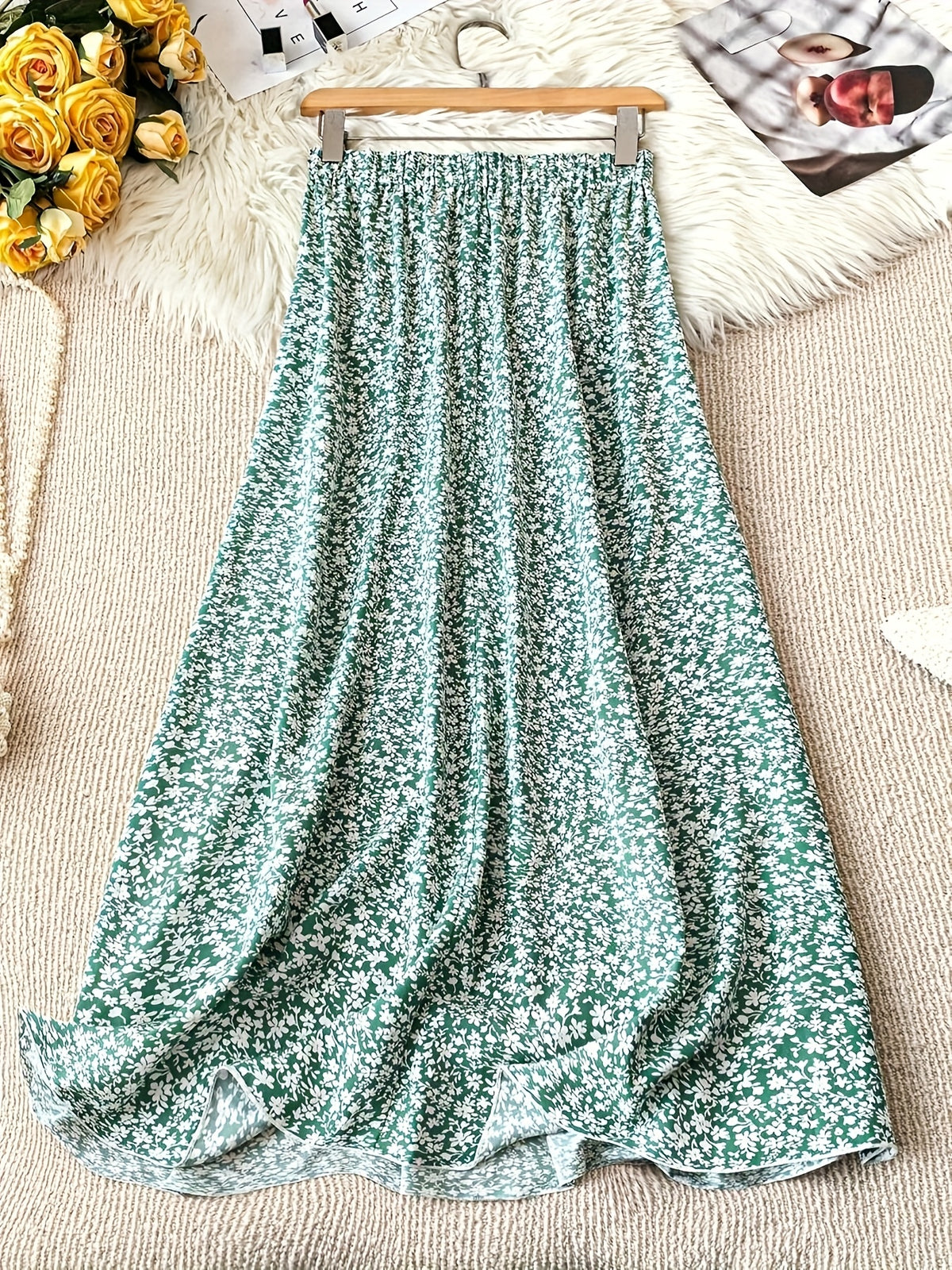 Women's Summer Floral Print Casual Vacation Skirt in Green - Multicolor