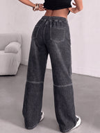 SOLORN Women's Casual Style Jeans with Elastic Waistband, Drawstring, Color-Block Patchwork Design, and Side Stripes - Black