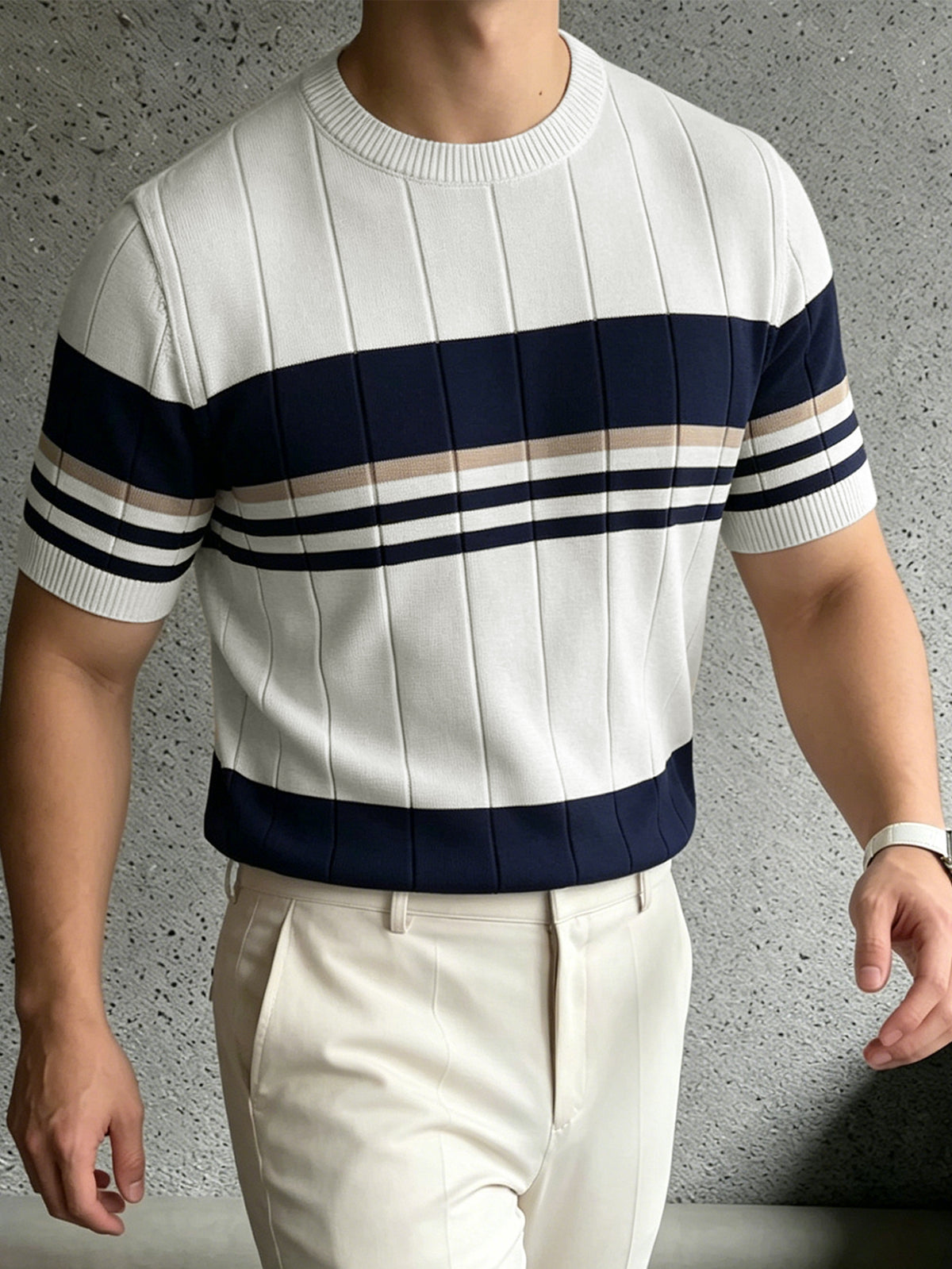 Men'S Color-Block Short-Sleeve Knit Pullover, Regular Round Neck Top, Business Casual Summer New - Off-white