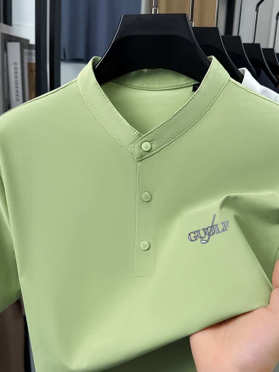 Maqiqi OBM Men's Chinese Style Henley Shirt - Breathable Short-Sleeve -Front Collar Polo, Half-Open Placket Stand Collar Tunic for Business Casual Wear, Layering Base Layer Top Suitable for Office, Golf, Running Gift - Fruit Green