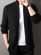 Men's Stand-up Collar Zip-up Knit Cardigan Jacket, Business Casual, Mature and Steady, Suitable for Middle-aged and Young Men, Can Be Worn Alone in Spring and Autumn, and as an Inner Layer in Winter - Black